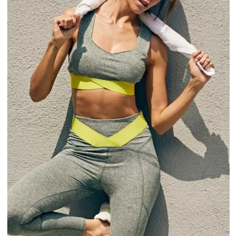 Free People FP Movement Just Breathe Bra Colorblock Heather Olive & Yellow | XS